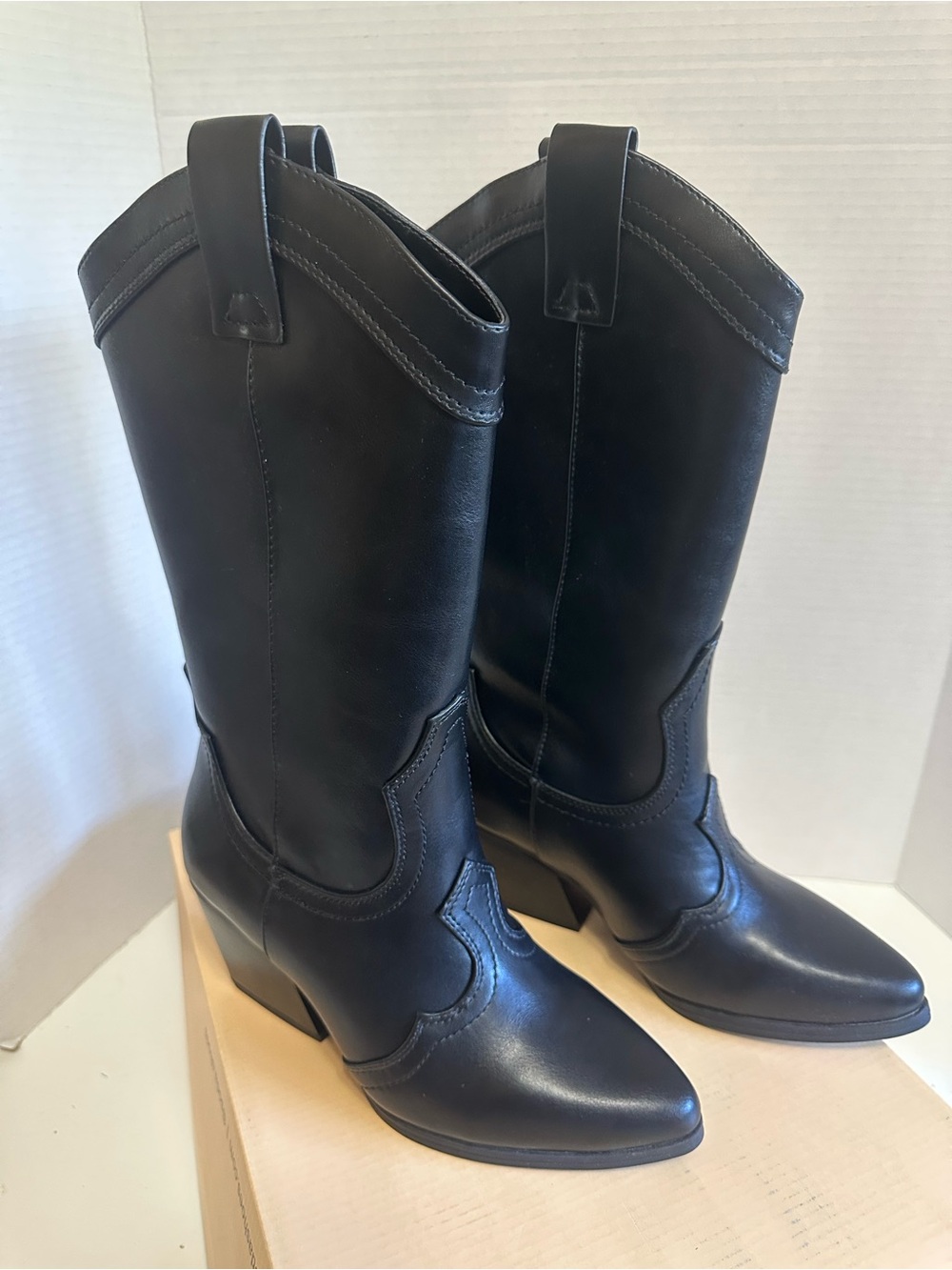 Soda Black Pointed Western Knee-High Heeled Boots